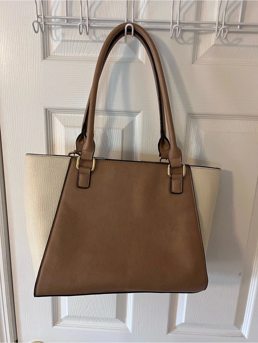 Adrienne Vittadini Taupe and Cream Shoulder Tote with Pom Charm Tan Work Bag